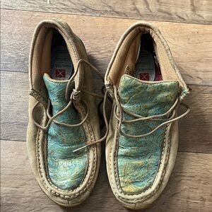 Twisted X Tan Moccasins with Blue-Green Accents